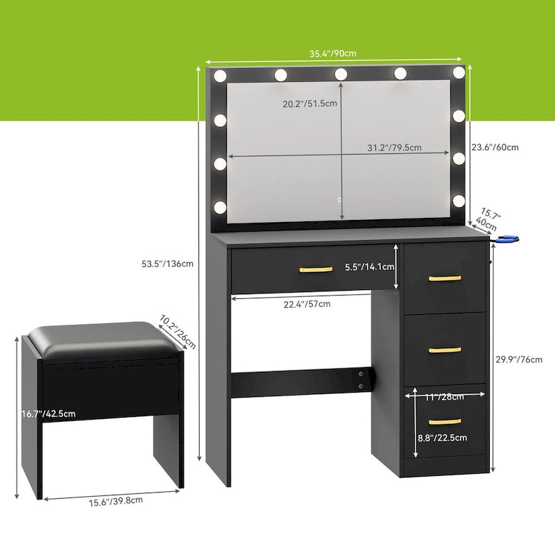 Modern Makeup Vanity Desk with Lighted Mirror and Four Drawers