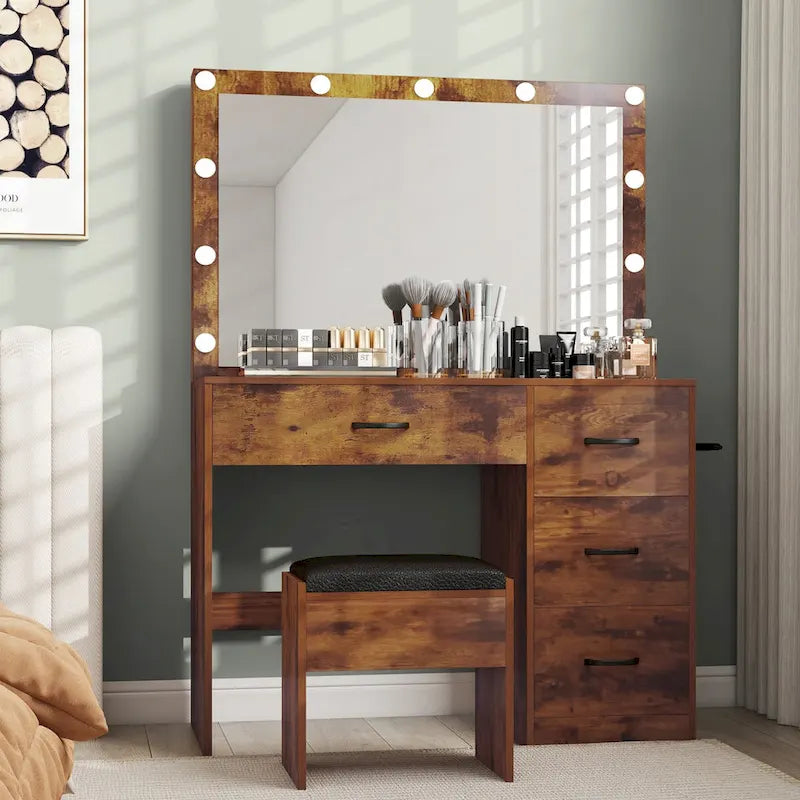 Modern Makeup Vanity Desk with Lighted Mirror and Four Drawers