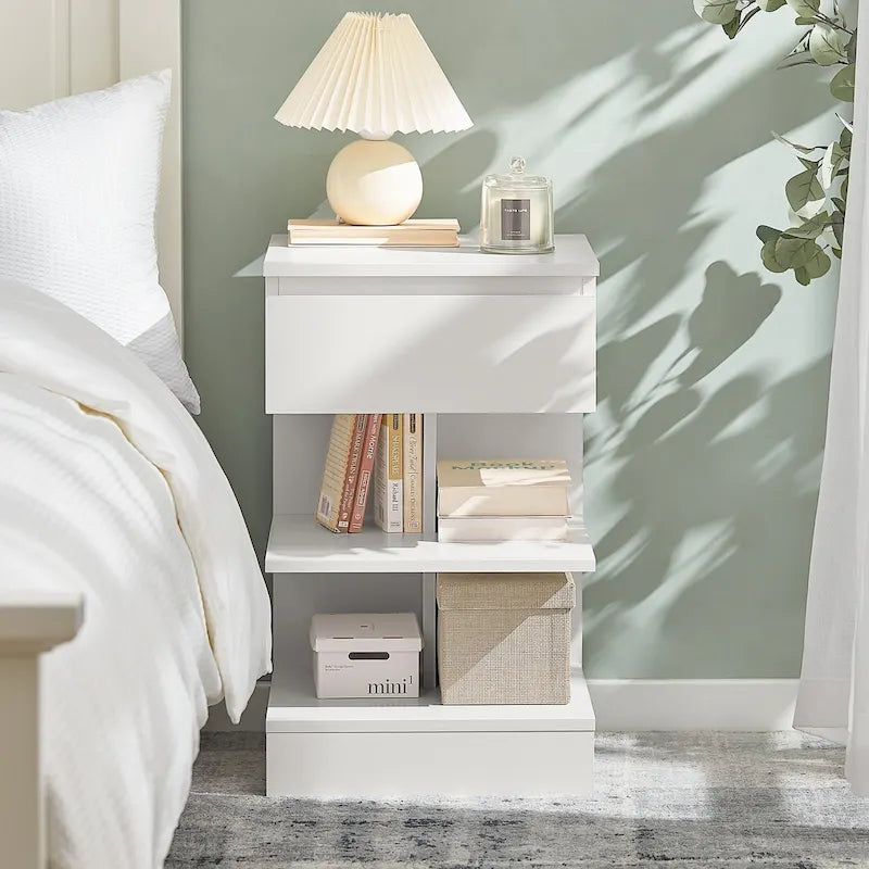 White Modern Bedside Table with Drawer and Two Open Shelves
