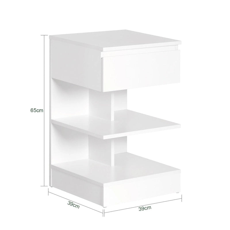 White Modern Bedside Table with Drawer and Two Open Shelves