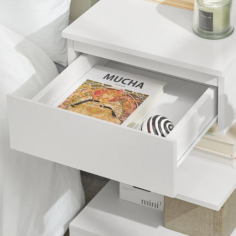White Modern Bedside Table with Drawer and Two Open Shelves