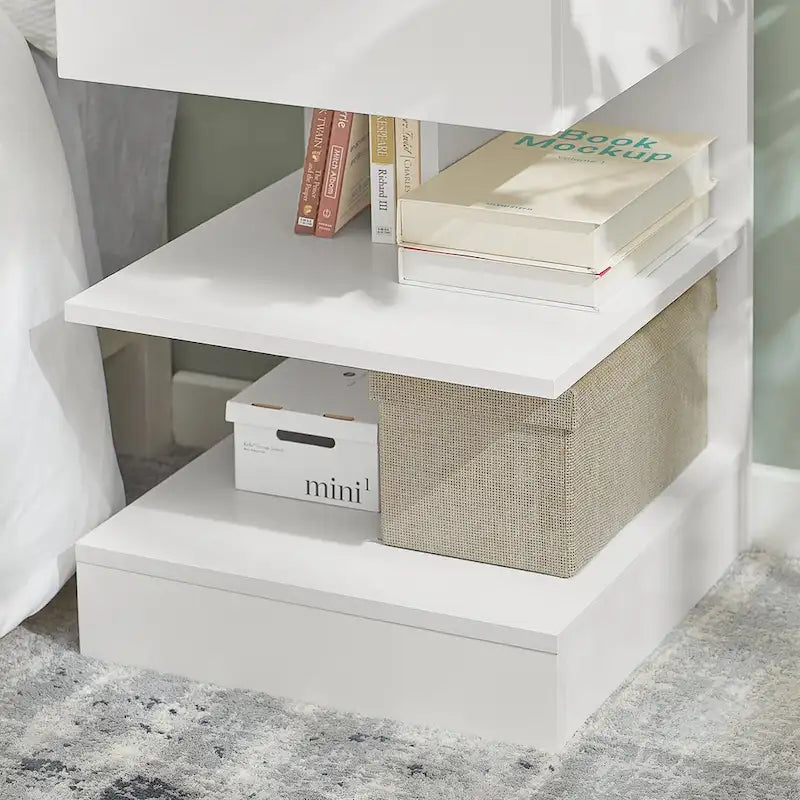 White Modern Bedside Table with Drawer and Two Open Shelves