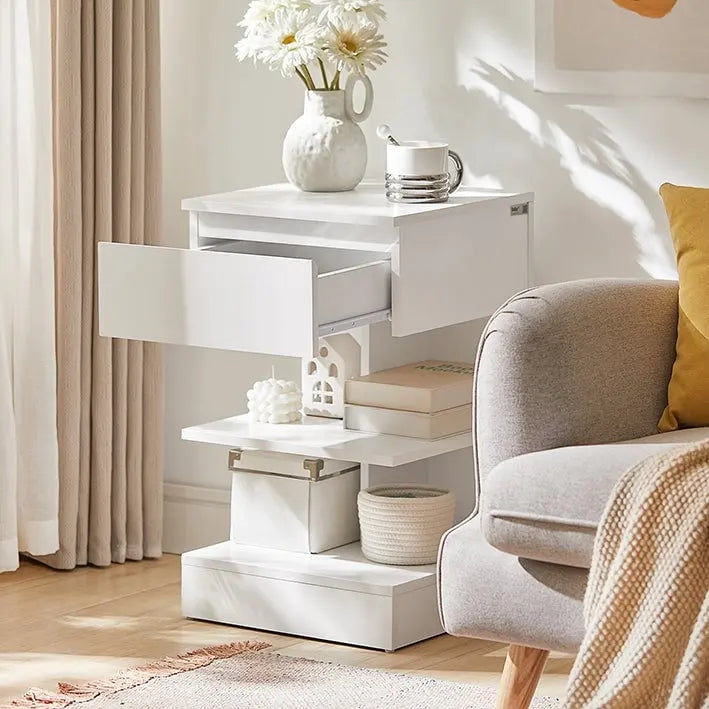 White Modern Bedside Table with Drawer and Two Open Shelves