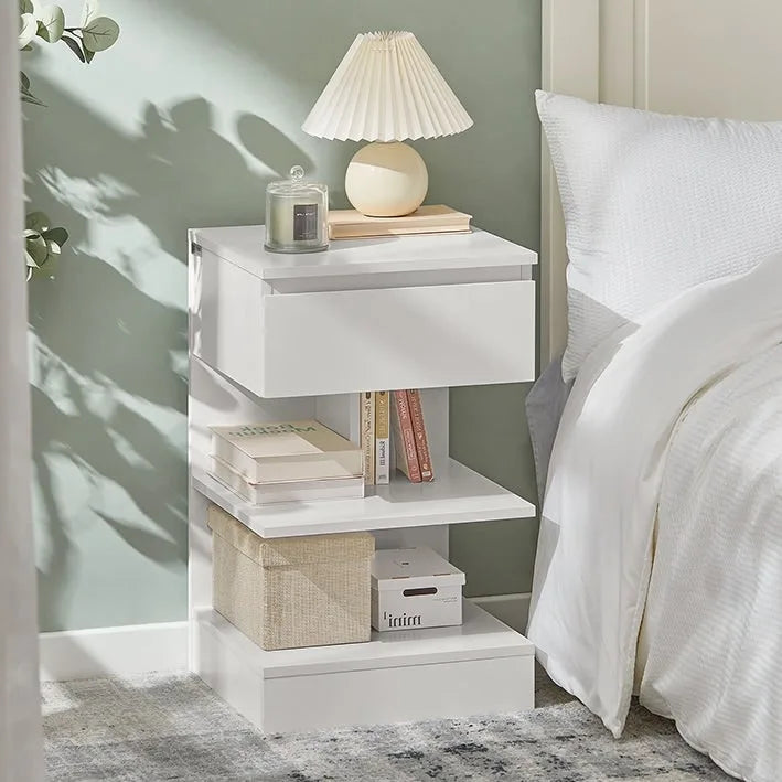 White Modern Bedside Table with Drawer and Two Open Shelves