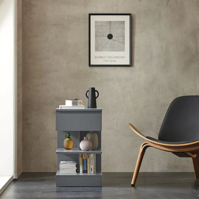 White Modern Bedside Table with Drawer and Two Open Shelves