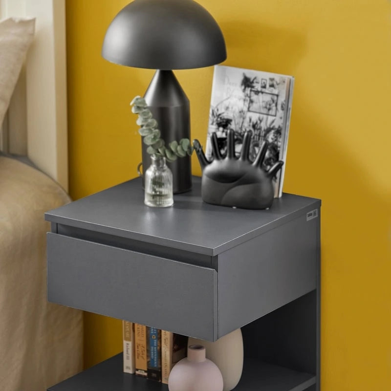 White Modern Bedside Table with Drawer and Two Open Shelves