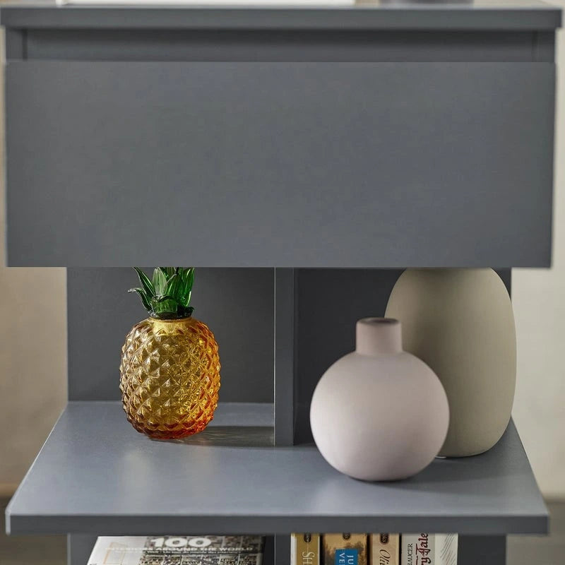 White Modern Bedside Table with Drawer and Two Open Shelves