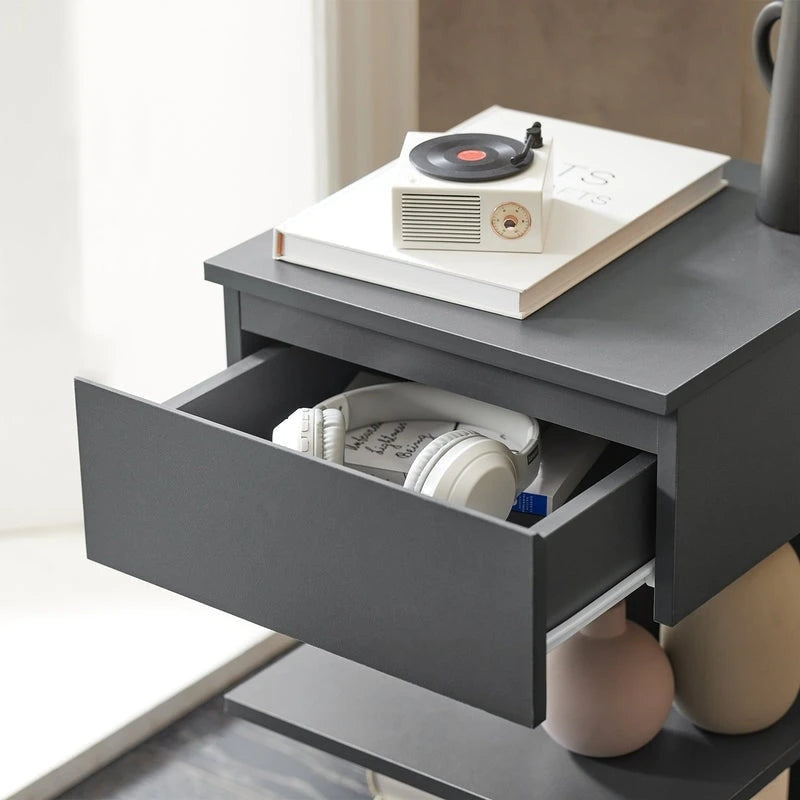 White Modern Bedside Table with Drawer and Two Open Shelves