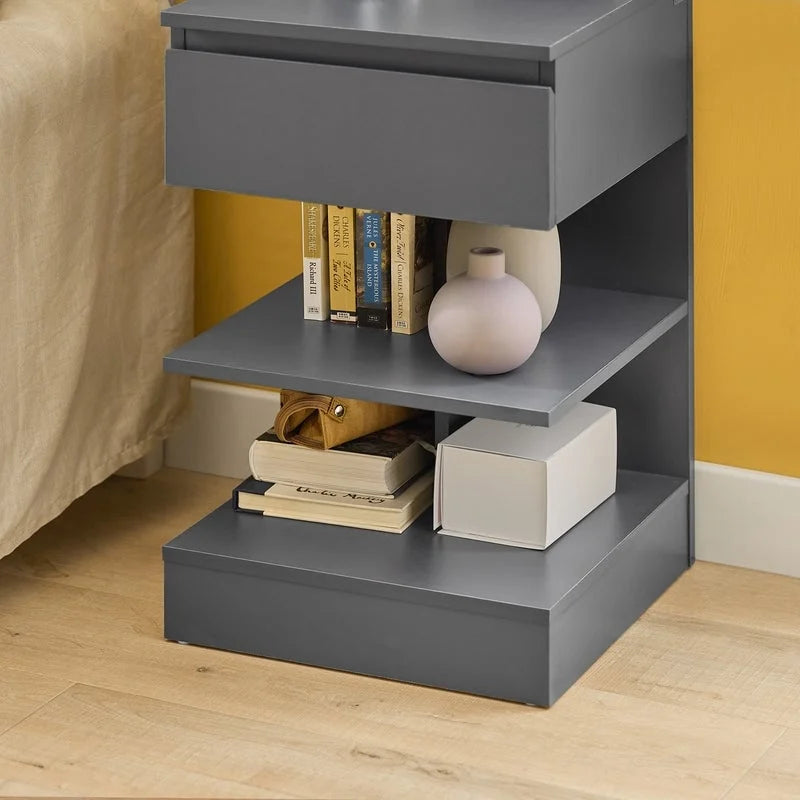 White Modern Bedside Table with Drawer and Two Open Shelves