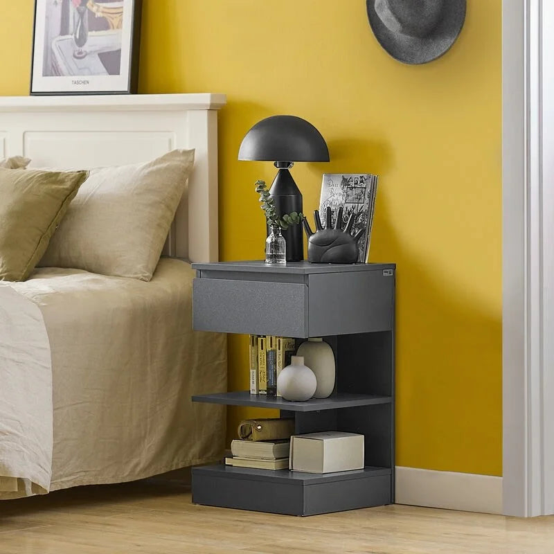 White Modern Bedside Table with Drawer and Two Open Shelves