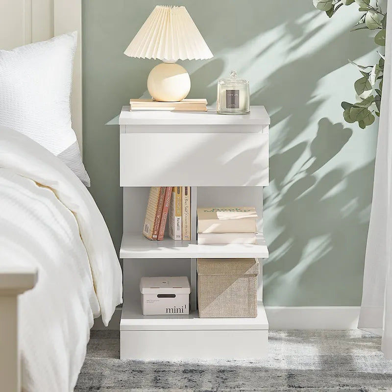 White Modern Bedside Table with Drawer and Two Open Shelves