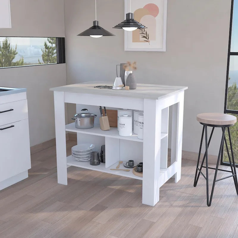 White Kitchen Island with Marble Look Top and Open Shelves