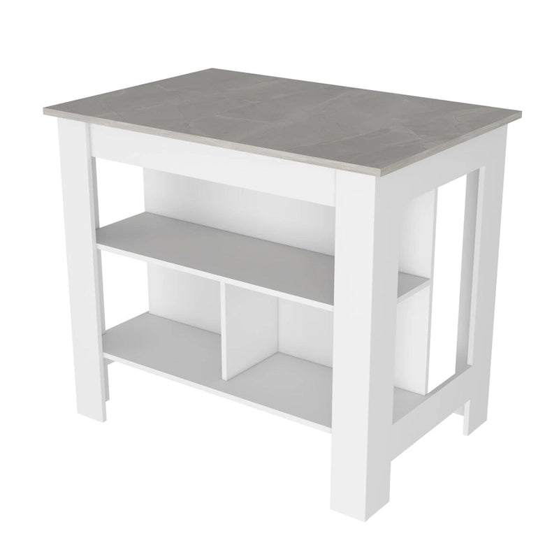 White Kitchen Island with Marble Look Top and Open Shelves