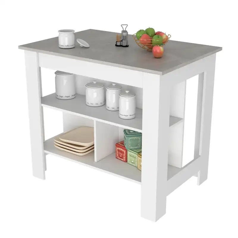 White Kitchen Island with Marble Look Top and Open Shelves