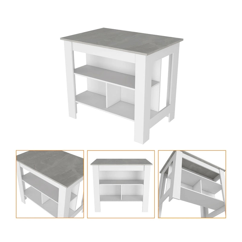 White Kitchen Island with Marble Look Top and Open Shelves