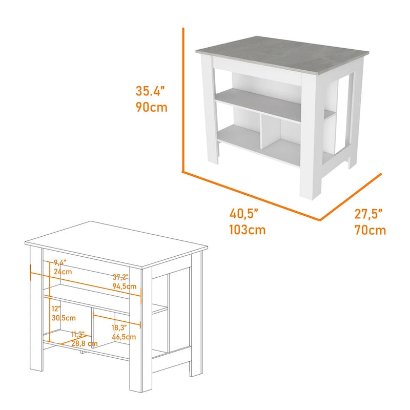 White Kitchen Island with Marble Look Top and Open Shelves