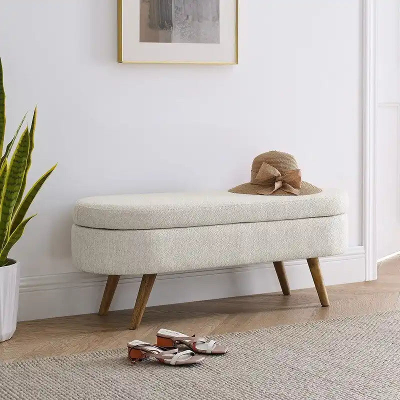 Panca contenitore moderna imbottita con gambe in legno massello, sgabello poggiapiedi per ingresso, panca ai piedi del letto, pouf da toeletta
