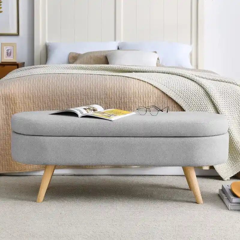 Panca contenitore moderna imbottita con gambe in legno massello, sgabello poggiapiedi per ingresso, panca ai piedi del letto, pouf da toeletta