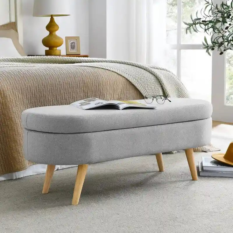 Panca contenitore moderna imbottita con gambe in legno massello, sgabello poggiapiedi per ingresso, panca ai piedi del letto, pouf da toeletta