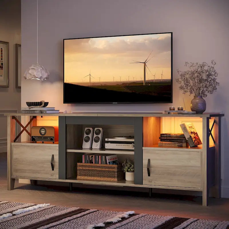 Rustic Farmhouse TV Stand with LED Lighting and Media Storage