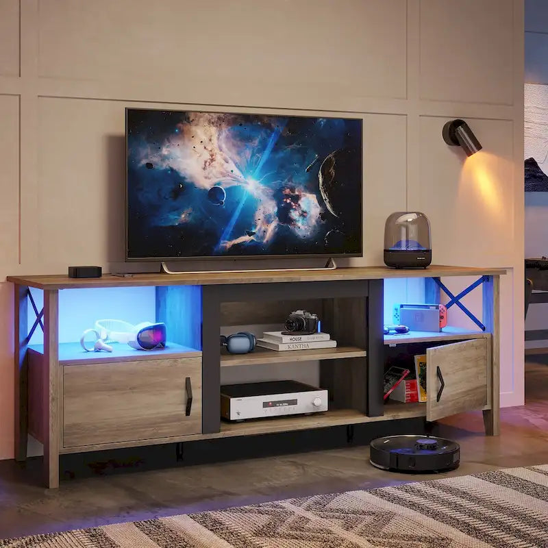 Rustic Farmhouse TV Stand with LED Lighting and Media Storage