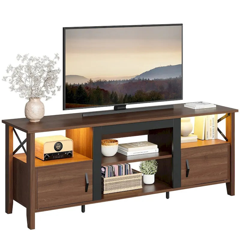 Rustic Farmhouse TV Stand with LED Lighting and Media Storage