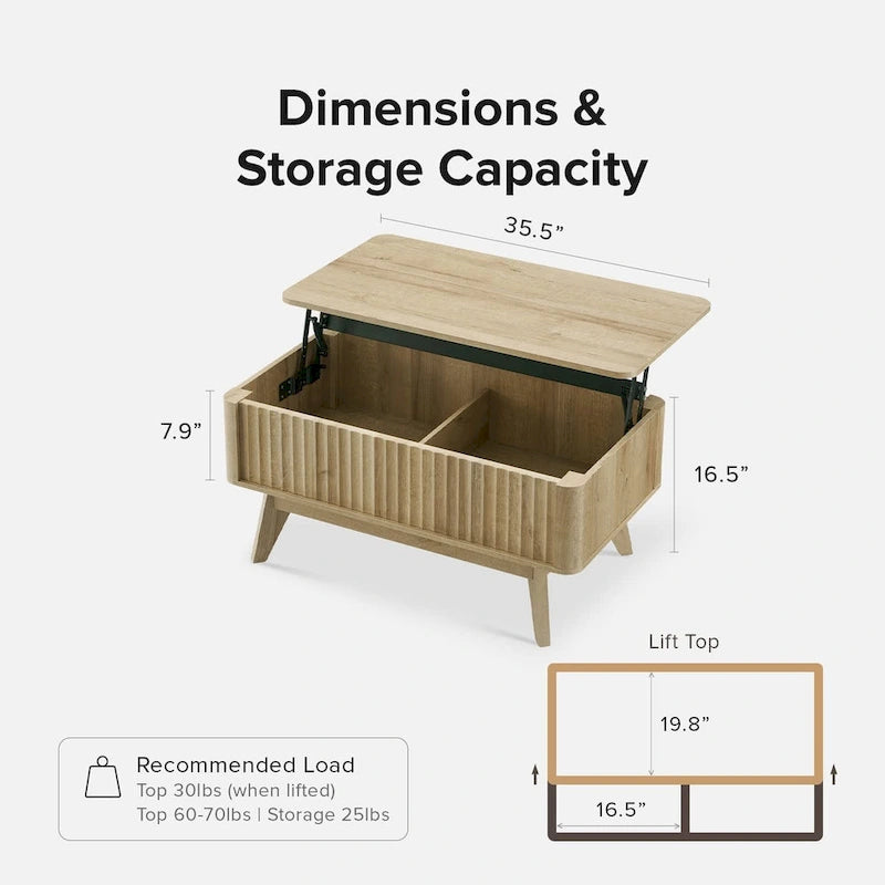 Modern Fluted Lift Top Coffee Table with Hidden Storage Compartment