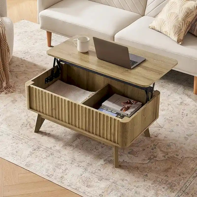 Mesa de centro moderna com tampo elevatório canelado e compartimento de arrumação oculto