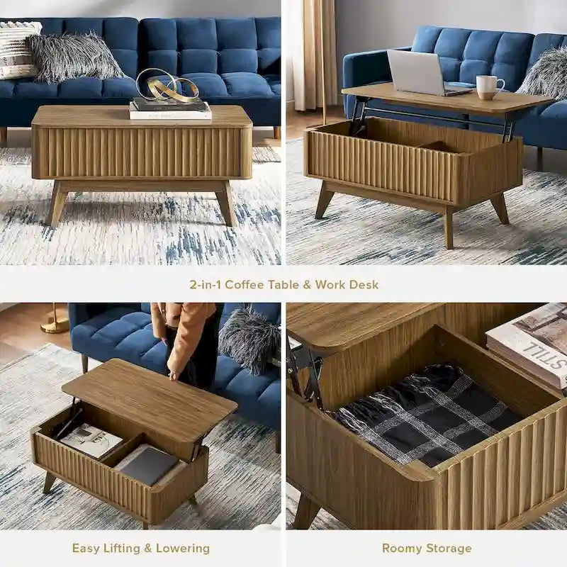 Mesa de centro moderna com tampo elevatório canelado e compartimento de arrumação oculto