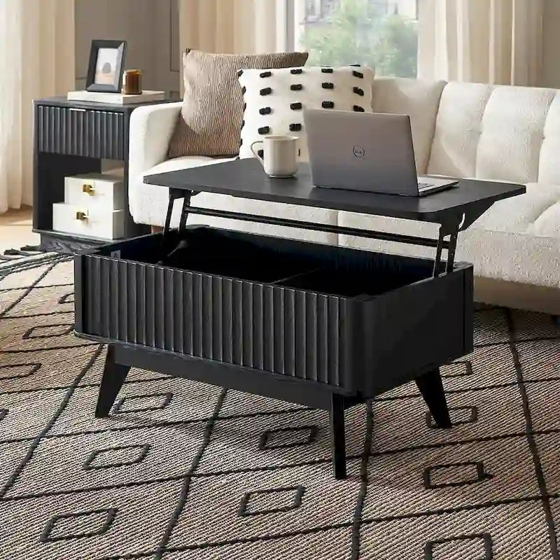 Mesa de centro moderna com tampo elevatório canelado e compartimento de arrumação oculto
