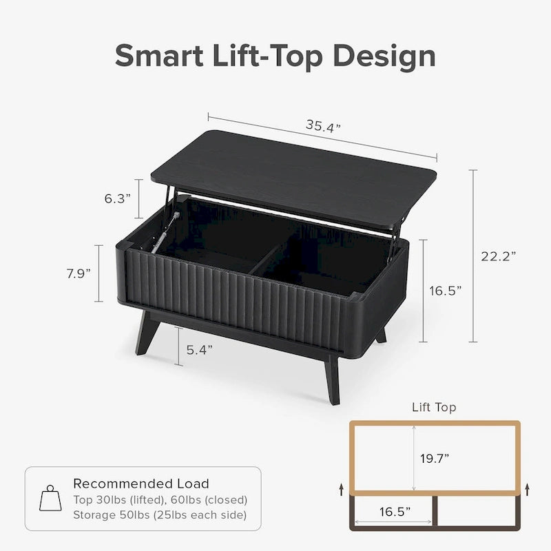 Mesa de centro moderna com tampo elevatório canelado e compartimento de arrumação oculto