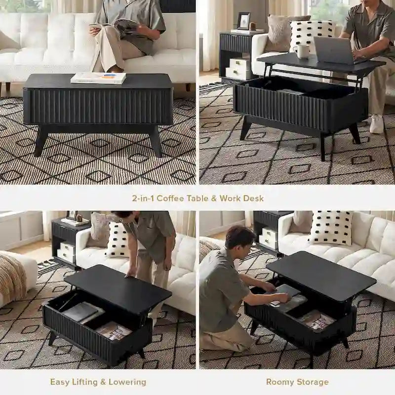 Mesa de centro moderna com tampo elevatório canelado e compartimento de arrumação oculto
