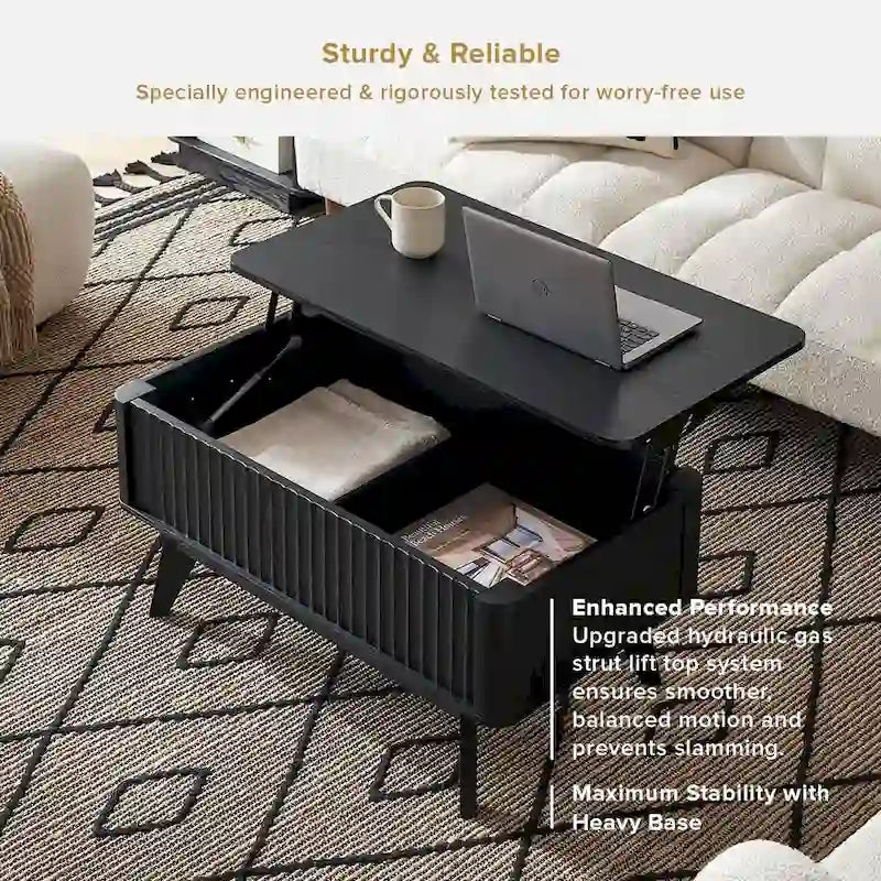 Mesa de centro moderna com tampo elevatório canelado e compartimento de arrumação oculto