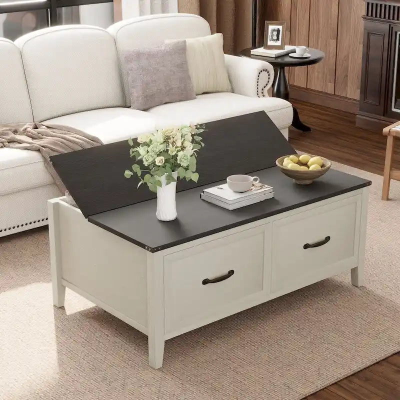 White Woodgrain Coffee Table with Hidden Storage and Two Drawers