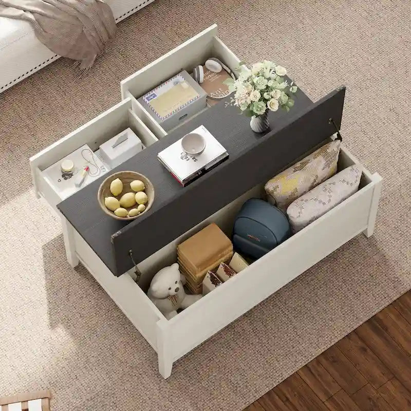 Tavolino da caffè bianco con effetto venatura del legno, vano portaoggetti nascosto e due cassetti
