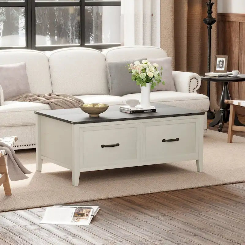 White Woodgrain Coffee Table with Hidden Storage and Two Drawers