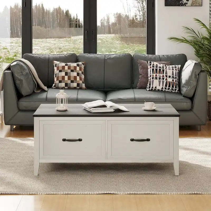 White Woodgrain Coffee Table with Hidden Storage and Two Drawers