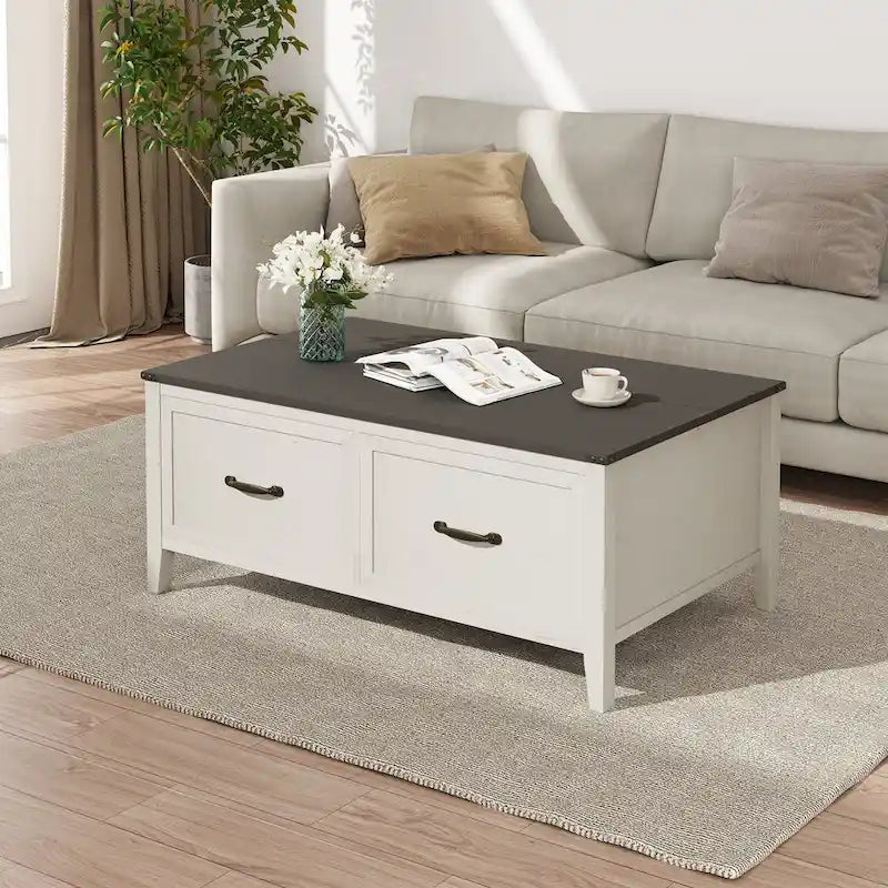Tavolino da caffè bianco con effetto venatura del legno, vano portaoggetti nascosto e due cassetti