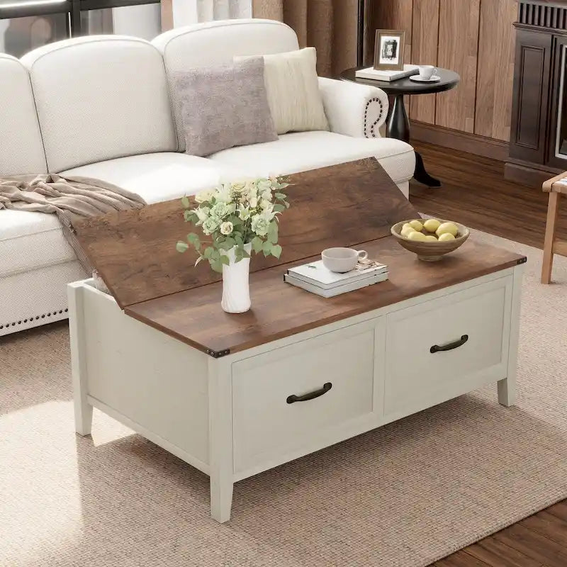 Tavolino da caffè bianco con effetto venatura del legno, vano portaoggetti nascosto e due cassetti