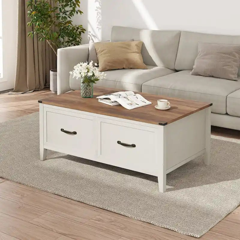 Tavolino da caffè bianco con effetto venatura del legno, vano portaoggetti nascosto e due cassetti