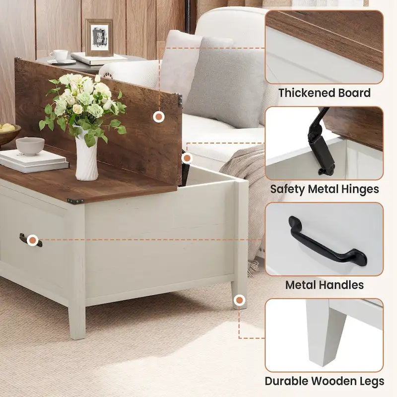 Tavolino da caffè bianco con effetto venatura del legno, vano portaoggetti nascosto e due cassetti