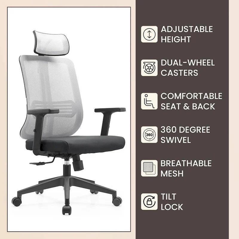 Chaise de bureau moderne réglable en maille avec appuie-tête et assise rembourrée