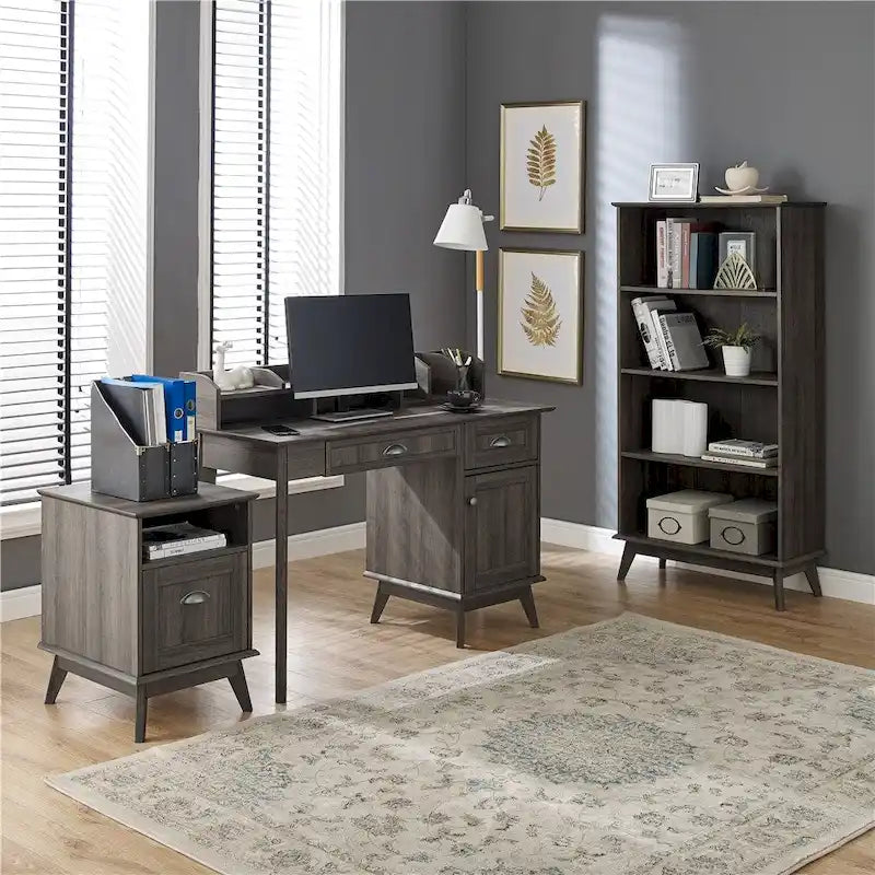 Rustic Oak Finish Writing Desk with Hutch Drawers and Cabinet