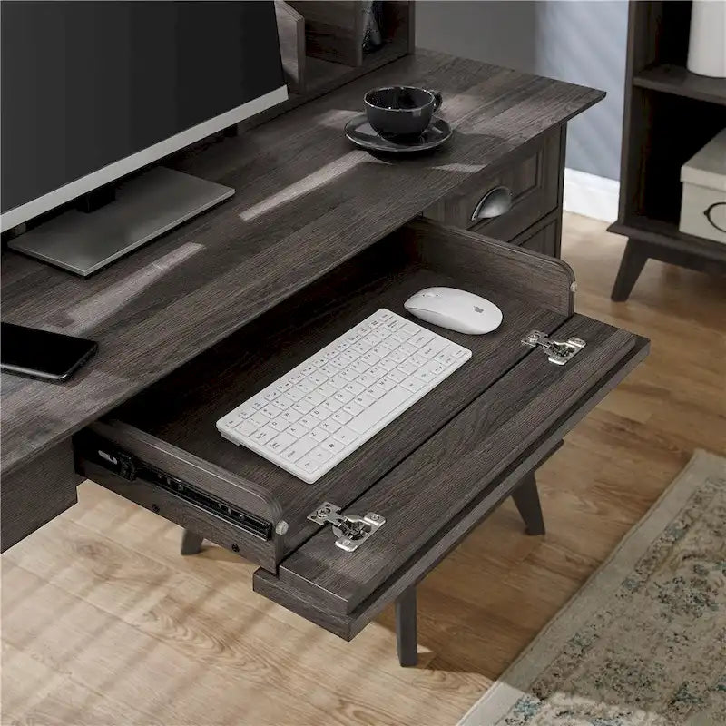 Scrivania con finitura rovere rustico, alzata, cassetti e mobile contenitore