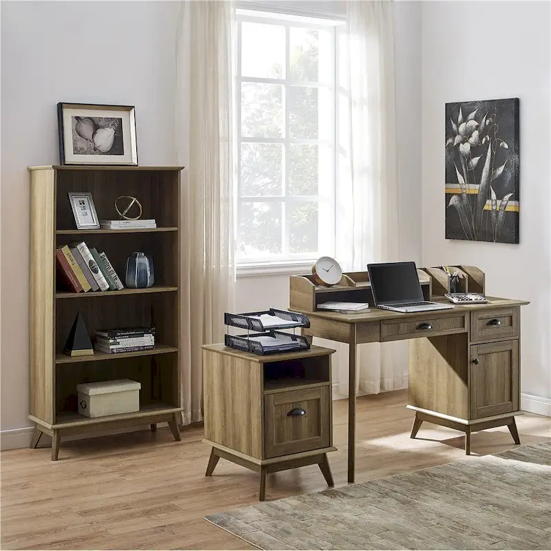 Scrivania con finitura rovere rustico, alzata, cassetti e mobile contenitore