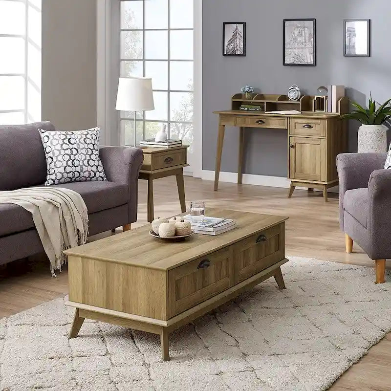 Scrivania con finitura rovere rustico, alzata, cassetti e mobile contenitore