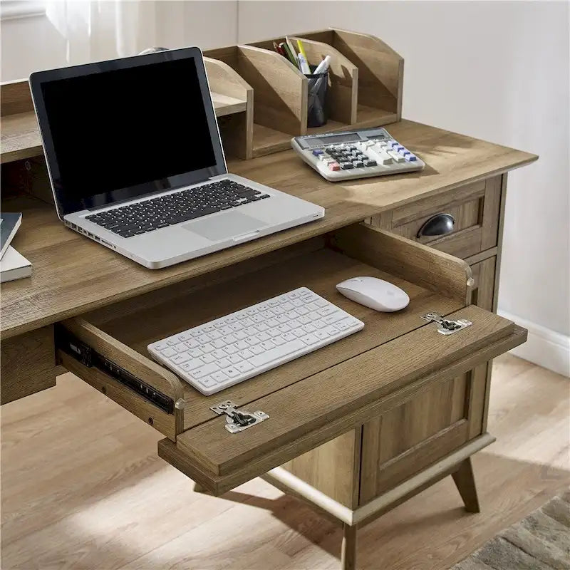 Scrivania con finitura rovere rustico, alzata, cassetti e mobile contenitore