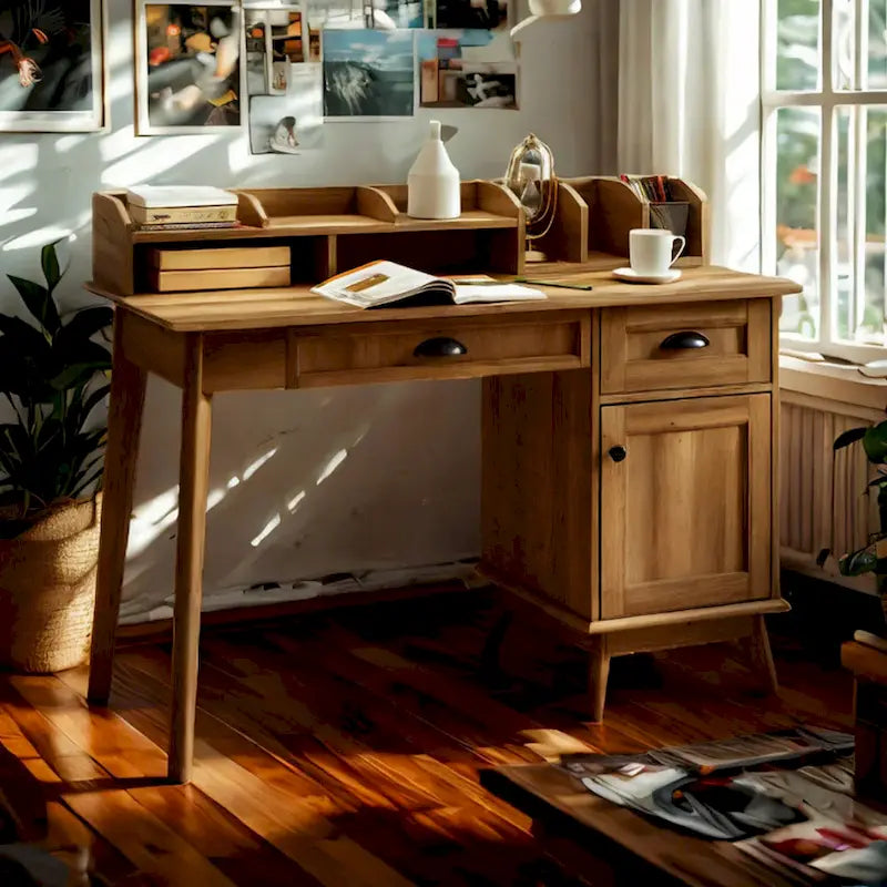 Scrivania con finitura rovere rustico, alzata, cassetti e mobile contenitore