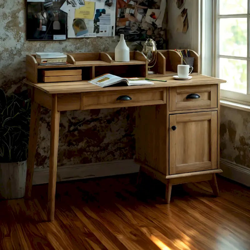 Scrivania con finitura rovere rustico, alzata, cassetti e mobile contenitore