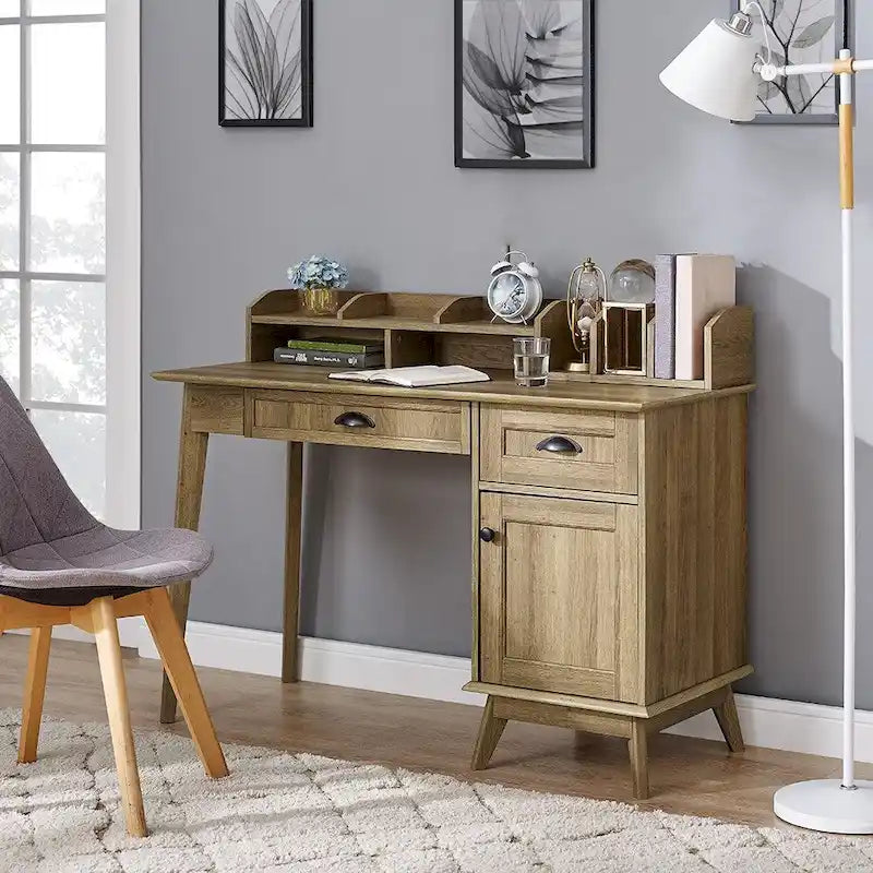 Scrivania con finitura rovere rustico, alzata, cassetti e mobile contenitore
